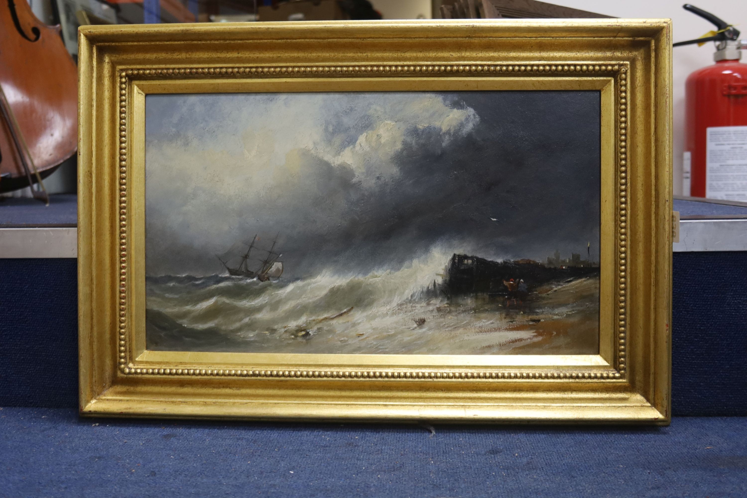 English School, attributed to W Ready, oil on board, Shipping off the coast in a rough sea, 27 x 46cm